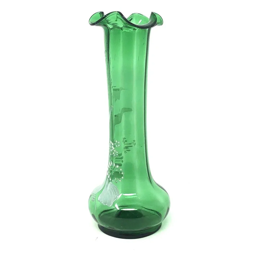 Bohemian Hand Enameled Ruffle Top Vase VTG Hand Blown Paintet Emerald Snow Glass